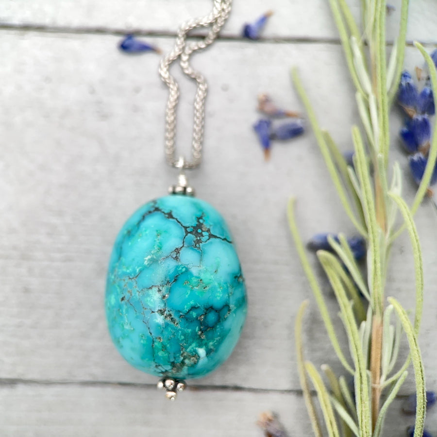 Large Turquoise Pendant on a Sterling Silver Chain - SunlightSilver