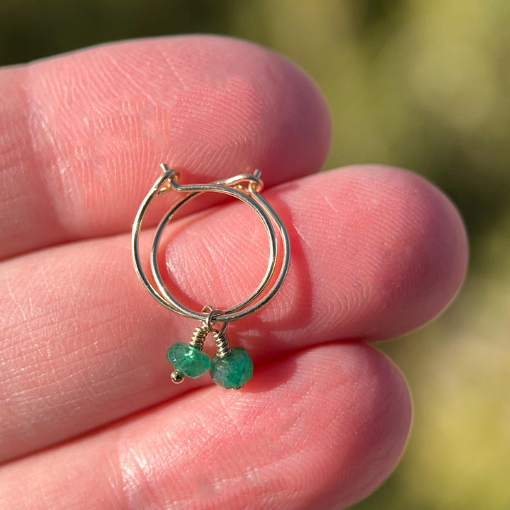 Little Emerald Charm Hoop Earrings, Available in Solid 925 Sterling Silver, 14k Yellow or Rose Gold Fill - SunlightSilver