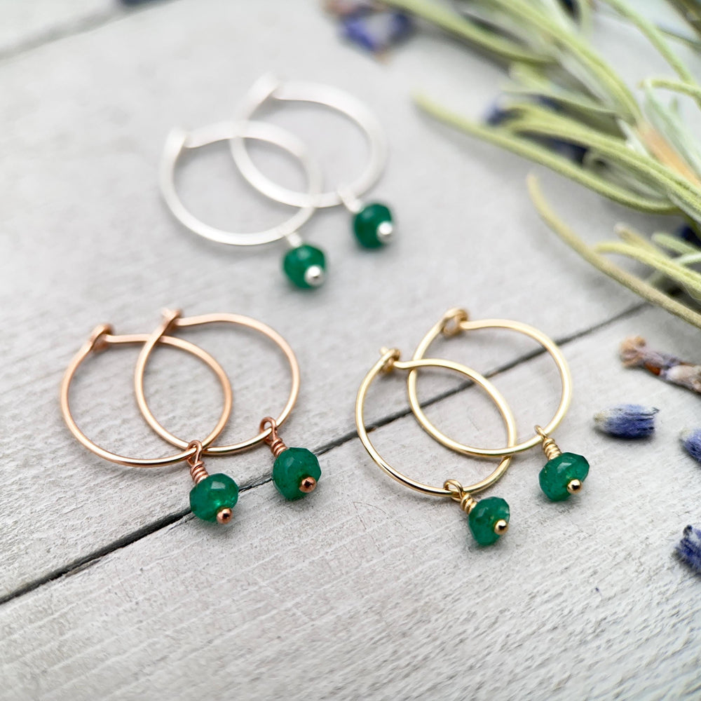 Little Emerald Charm Hoop Earrings, Available in Solid 925 Sterling Silver, 14k Yellow or Rose Gold Fill - SunlightSilver