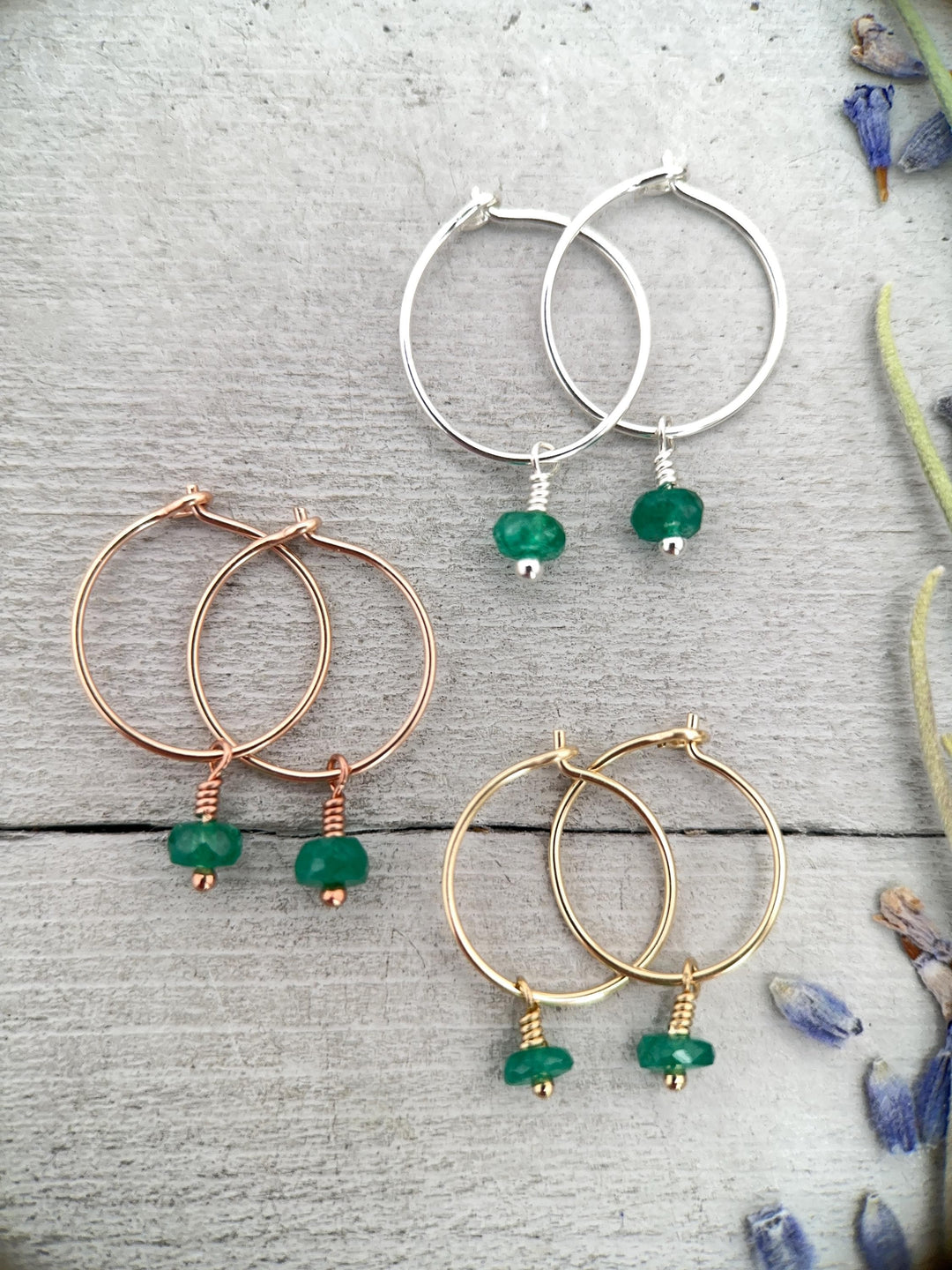 Little Emerald Charm Hoop Earrings, Available in Solid 925 Sterling Silver, 14k Yellow or Rose Gold Fill - SunlightSilver