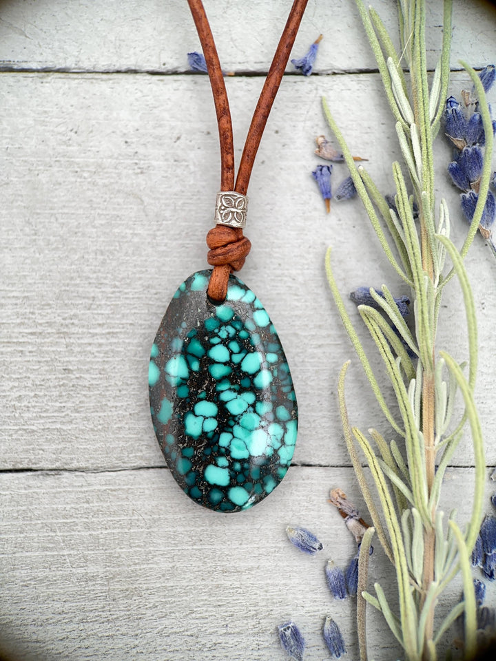 Blue Turquoise, Sterling Silver, and Rustic Brown Leather Necklace - SunlightSilver