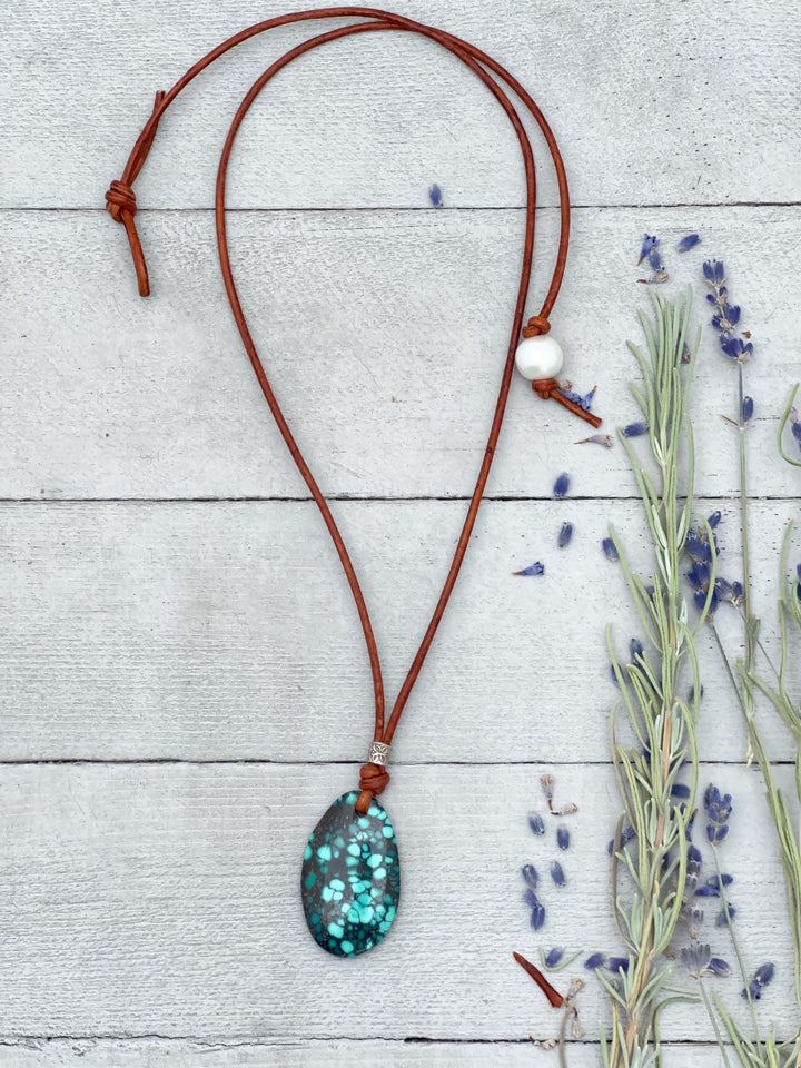 Blue Turquoise, Sterling Silver, and Rustic Brown Leather Necklace - SunlightSilver