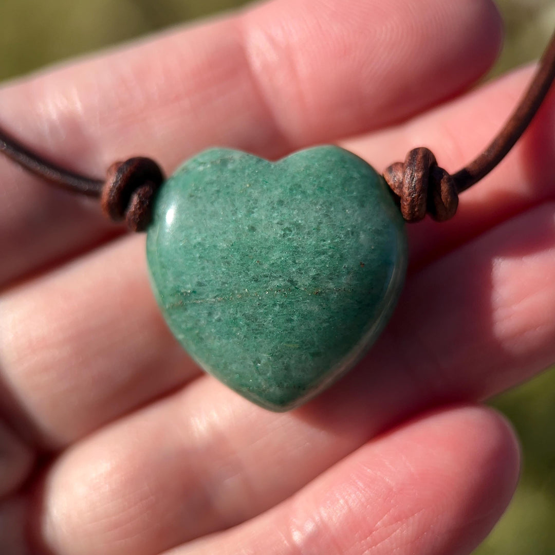 Aventurine Heart Crystal and Rustic Brown Leather Necklace - SunlightSilver