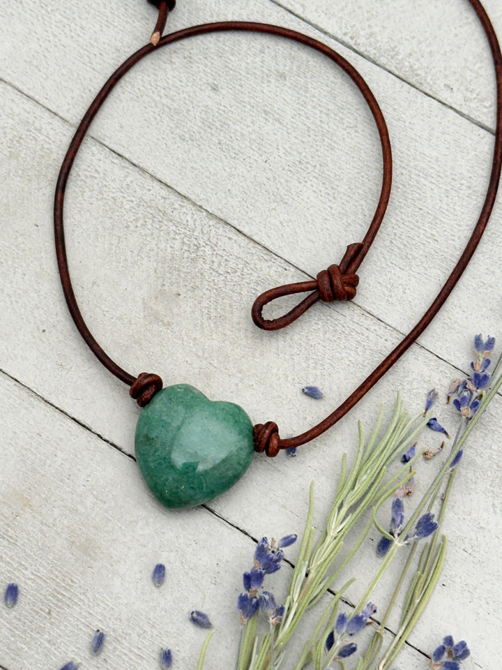 Aventurine Heart Crystal and Rustic Brown Leather Necklace - SunlightSilver