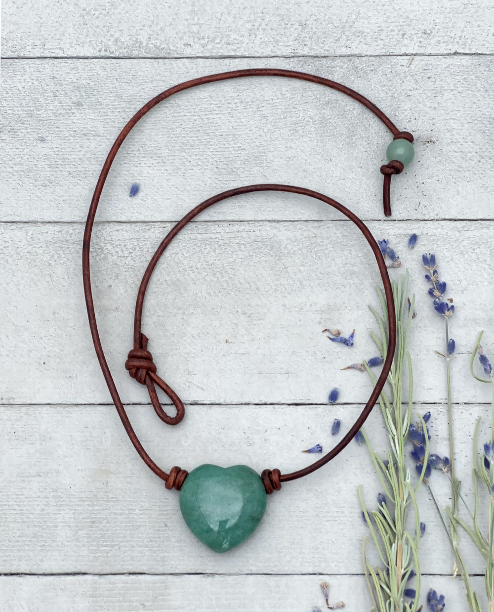 Aventurine Heart Crystal and Rustic Brown Leather Necklace - SunlightSilver