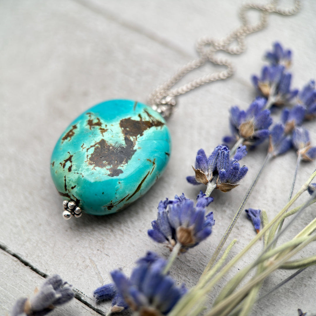 Large Turquoise Pendant on a Sterling Silver Chain - SunlightSilver