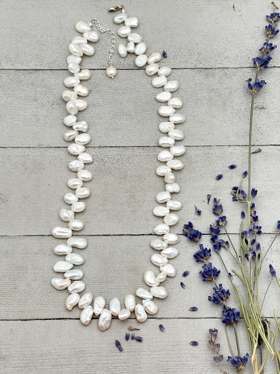 White Keshi Pearl and Sterling Silver Necklace. Thick Cornflake Pearls - SunlightSilver