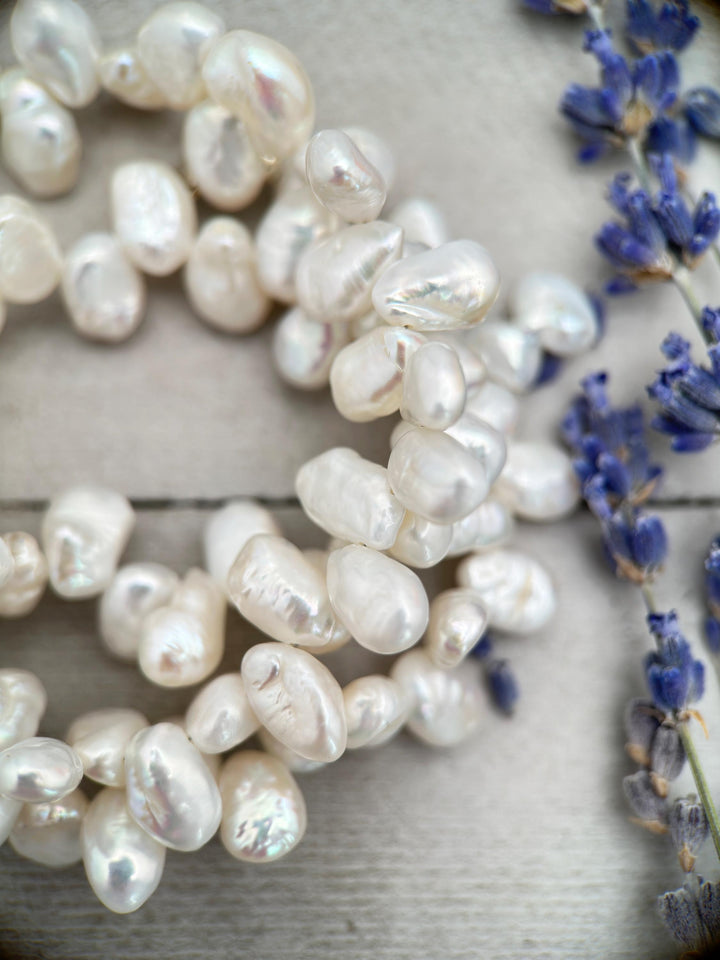 White Keshi Pearl and Sterling Silver Necklace. Thick Cornflake Pearls - SunlightSilver