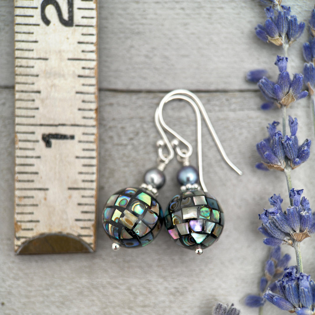 Mosaic Paua Abalone Shell, Freshwater Pearl, and Sterling Silver Earrings. Mirrorball - SunlightSilver