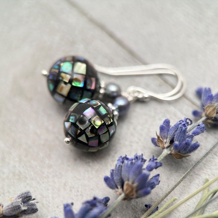 Mosaic Paua Abalone Shell, Freshwater Pearl, and Sterling Silver Earrings. Mirrorball - SunlightSilver