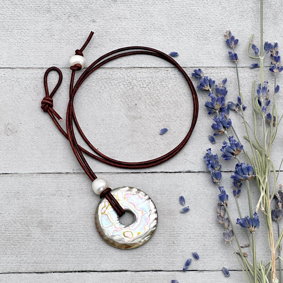 Beautiful Paua Abalone Shell, Pearl, Sterling Silver and Leather Necklace - SunlightSilver