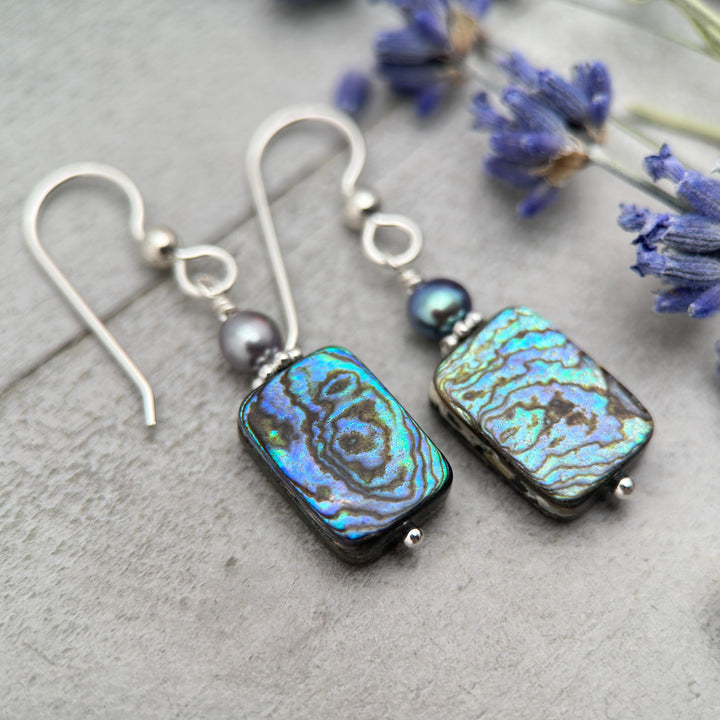 Paua Abalone Shell, Freshwater Pearl, and Sterling Silver Earrings - SunlightSilver