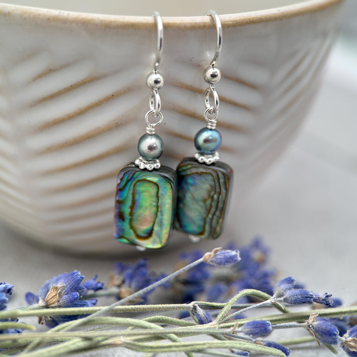 Paua Abalone Shell, Freshwater Pearl, and Sterling Silver Earrings - SunlightSilver