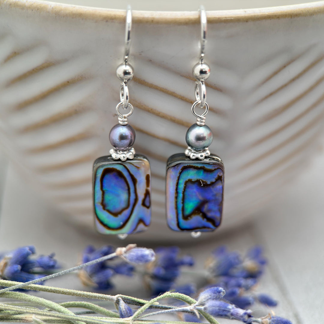 Paua Abalone Shell, Freshwater Pearl, and Sterling Silver Earrings - SunlightSilver