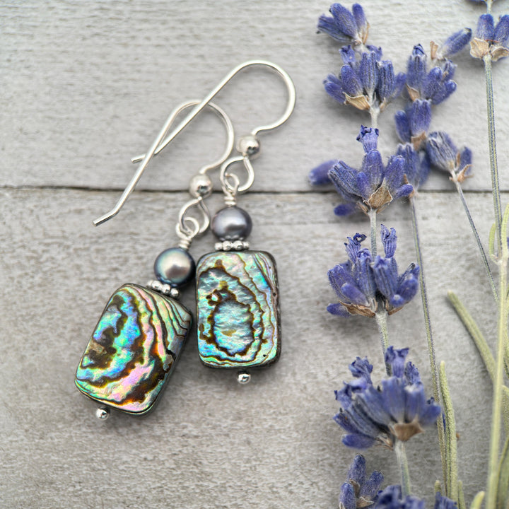 Paua Abalone Shell, Freshwater Pearl, and Sterling Silver Earrings - SunlightSilver