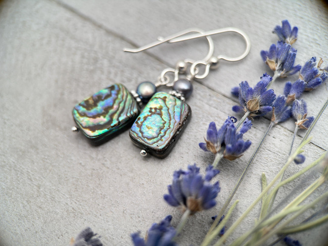 Paua Abalone Shell, Freshwater Pearl, and Sterling Silver Earrings - SunlightSilver