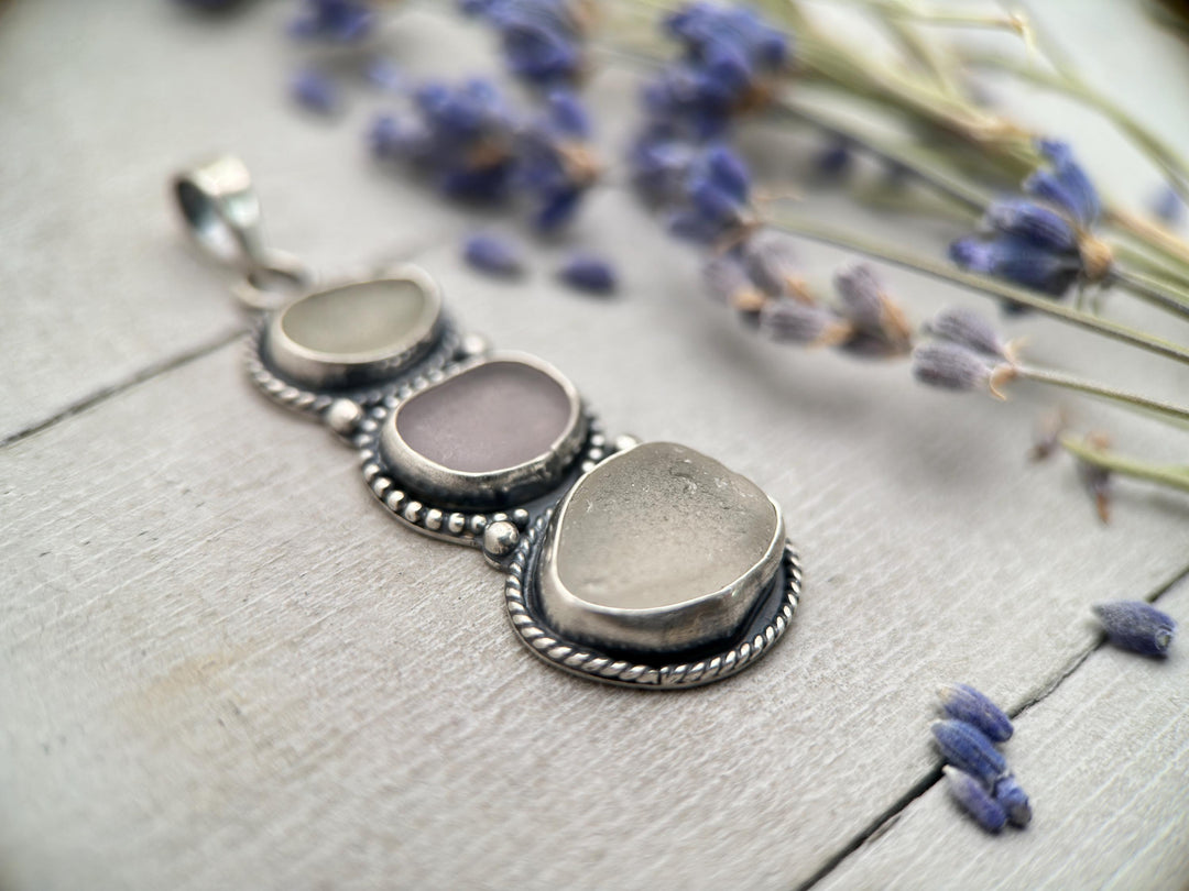 Genuine Sea Glass and Sterling Silver Pendant, Lavender and White Sea Glass Stack Totum Pendant - SunlightSilver