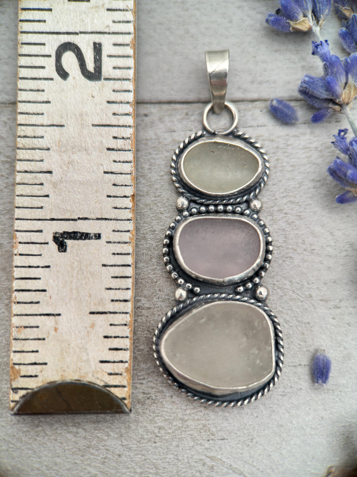 Genuine Sea Glass and Sterling Silver Pendant, Lavender and White Sea Glass Stack Totum Pendant - SunlightSilver