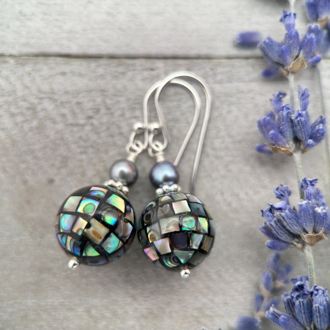 Mosaic Paua Abalone Shell, Freshwater Pearl, and Sterling Silver Earrings - SunlightSilver