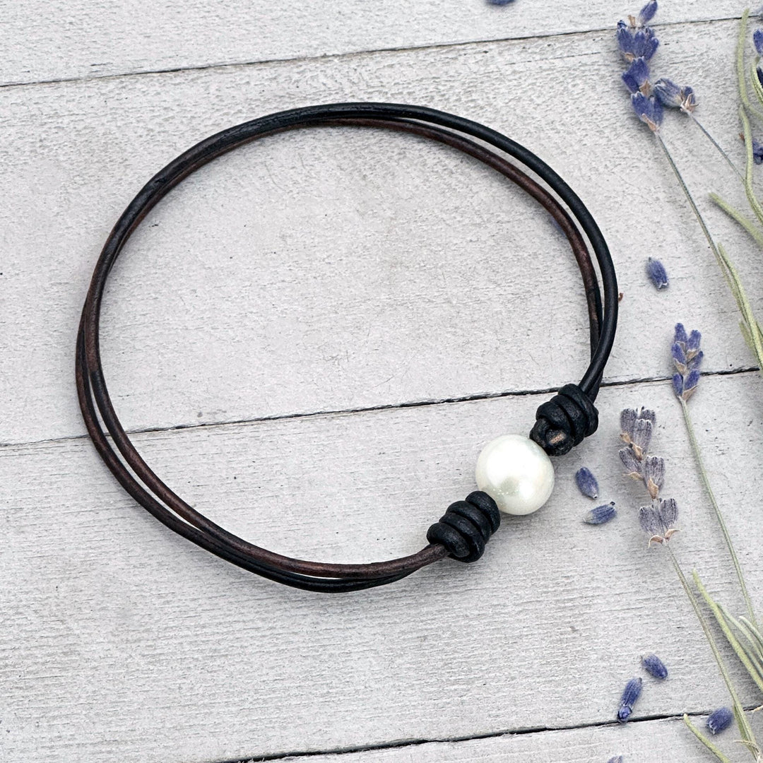White Pearl and Rustic Brown Leather Anklet / Bracelet - SunlightSilver
