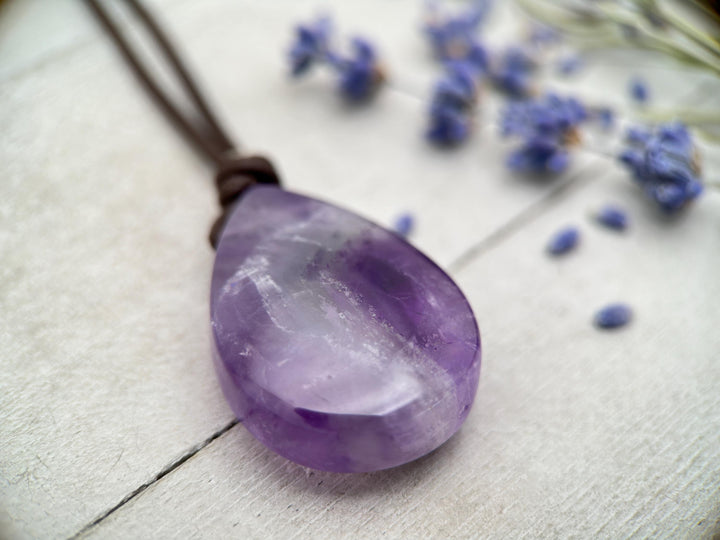 Purple Chevron Amethyst Pendant Leather Necklace - SunlightSilver