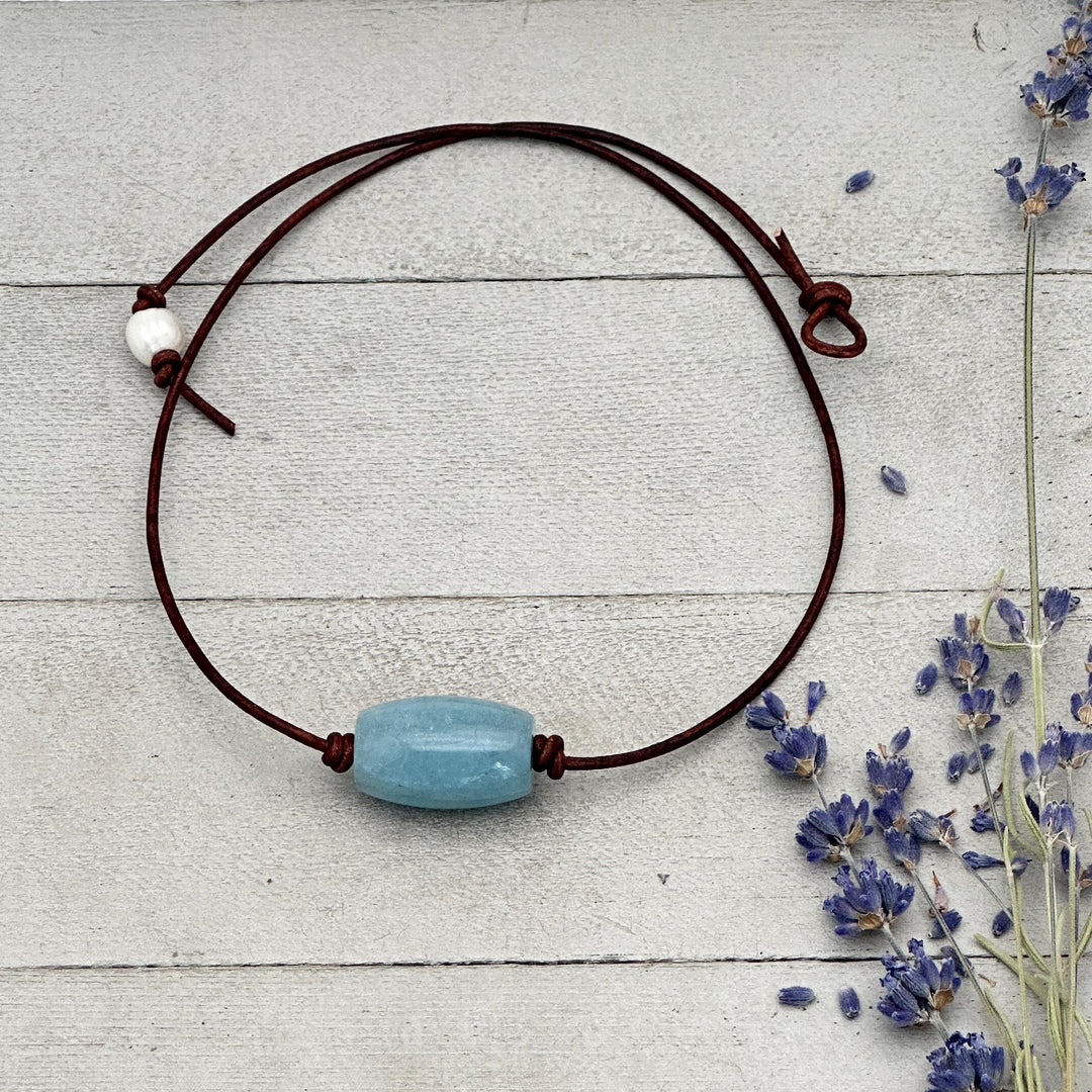 Blue Aquamarine and Rustic Brown Leather Necklace - SunlightSilver