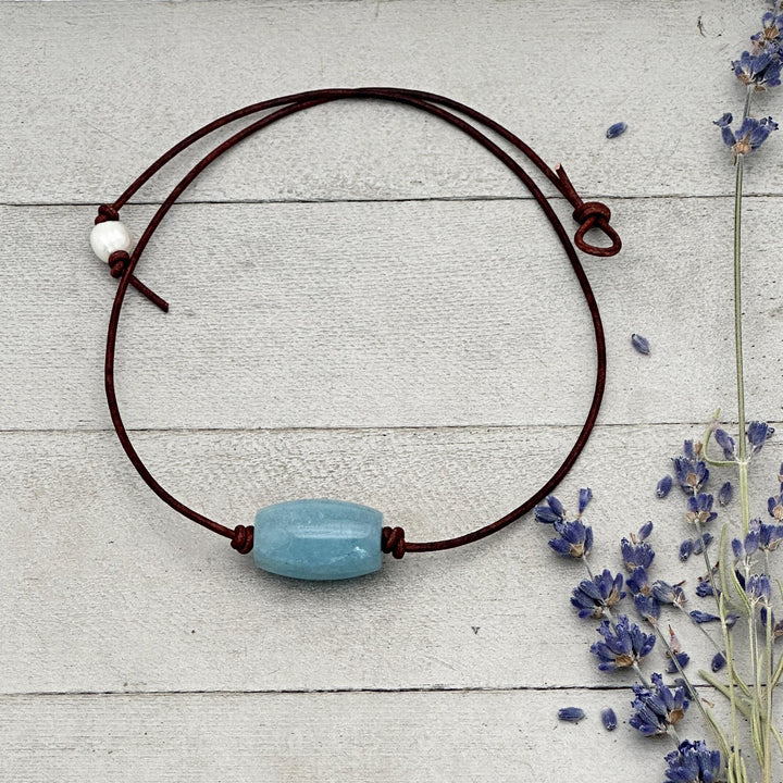 Blue Aquamarine and Rustic Brown Leather Necklace - SunlightSilver