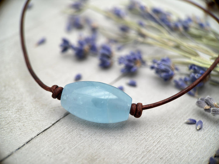 Blue Aquamarine and Rustic Brown Leather Necklace - SunlightSilver