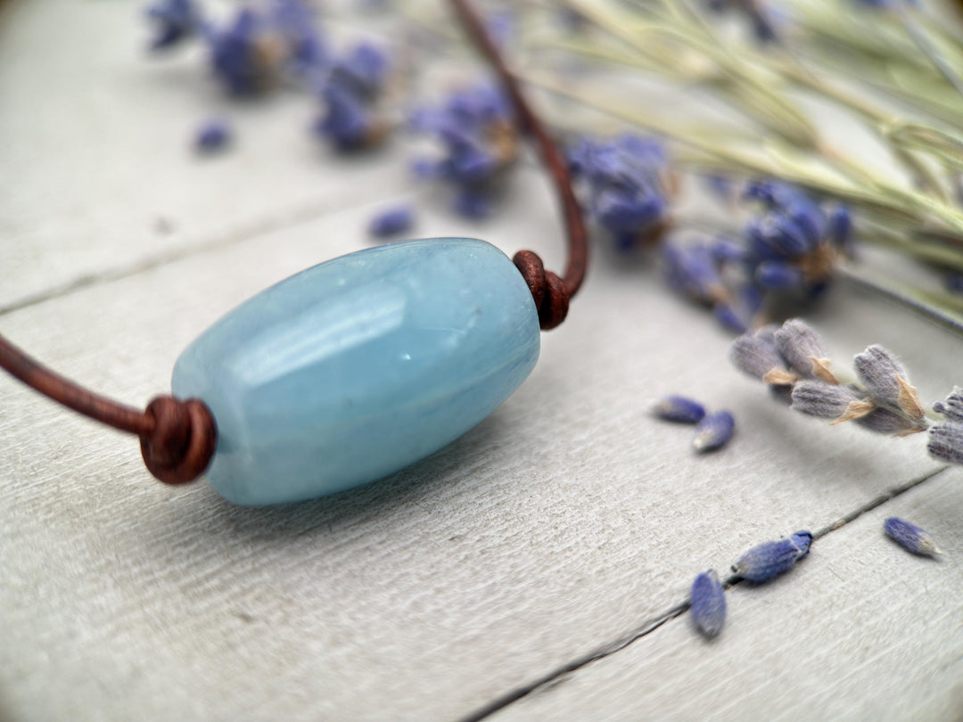 Blue Aquamarine and Rustic Brown Leather Necklace - SunlightSilver