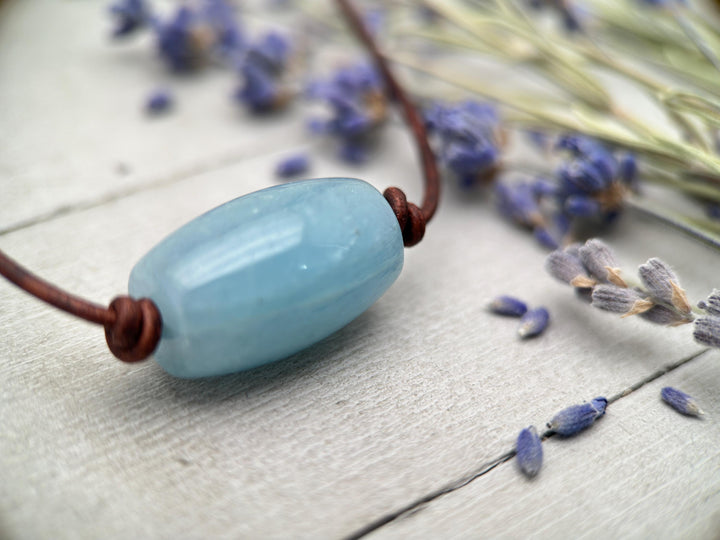 Blue Aquamarine and Rustic Brown Leather Necklace - SunlightSilver