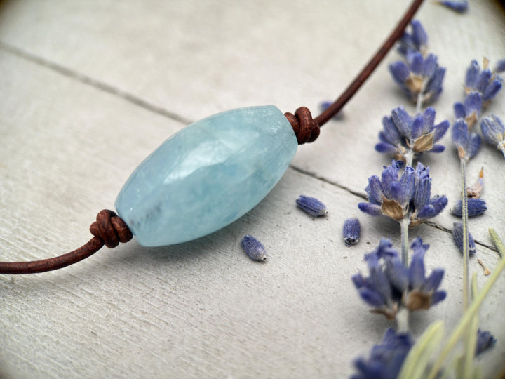 Blue Aquamarine and Rustic Brown Leather Necklace - SunlightSilver