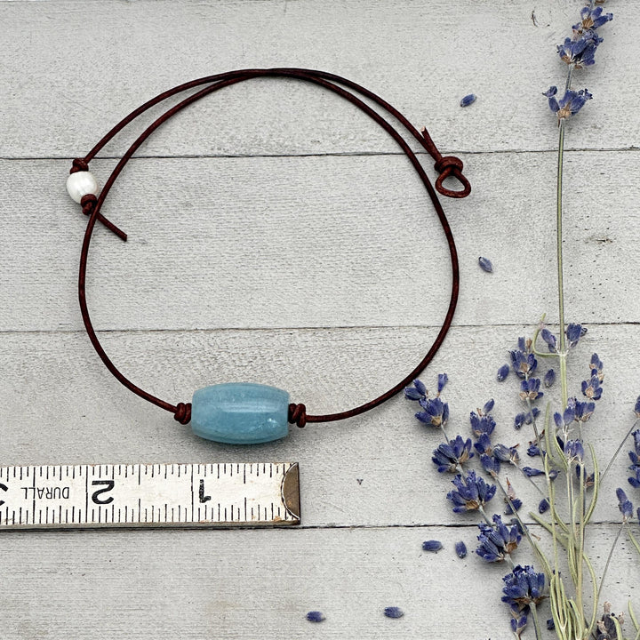 Blue Aquamarine and Rustic Brown Leather Necklace - SunlightSilver