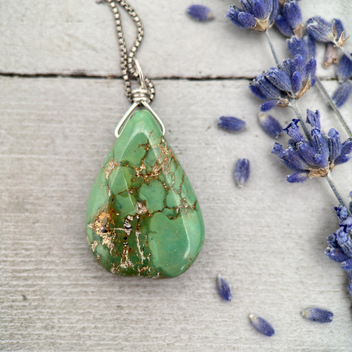 Green Turquoise Mountain Nugget Pendant on a Sterling Silver Chain - SunlightSilver