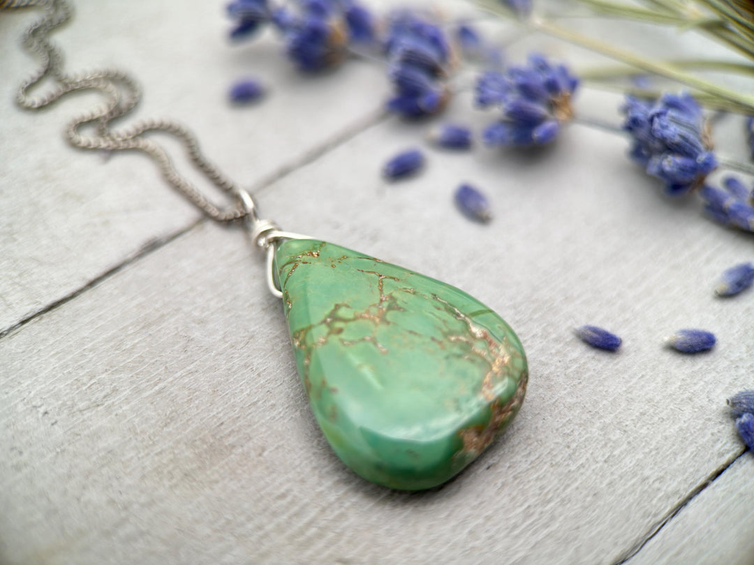 Green Turquoise Mountain Nugget Pendant on a Sterling Silver Chain - SunlightSilver