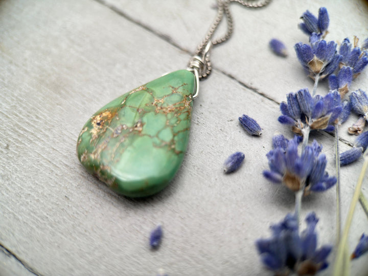 Green Turquoise Mountain Nugget Pendant on a Sterling Silver Chain - SunlightSilver