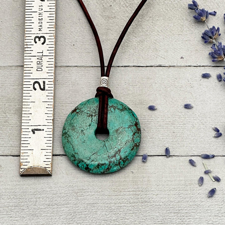 Green Turquoise Donut and Rustic Brown Leather Necklace - SunlightSilver