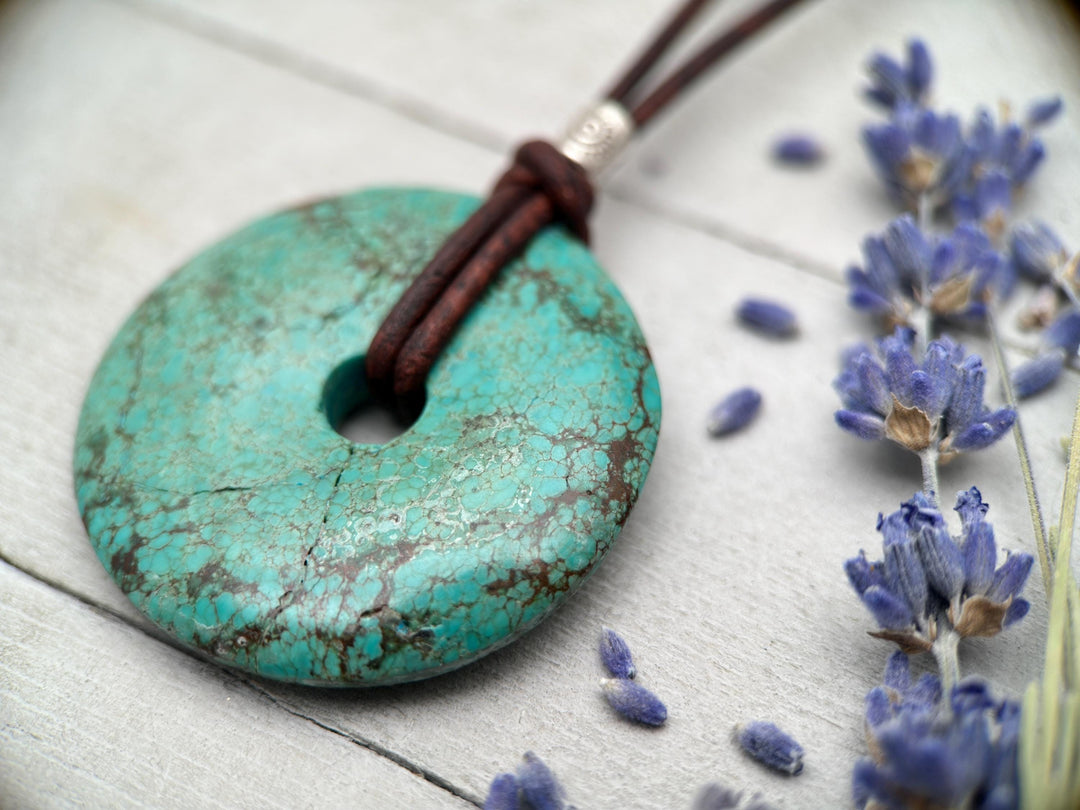 Green Turquoise Donut and Rustic Brown Leather Necklace - SunlightSilver