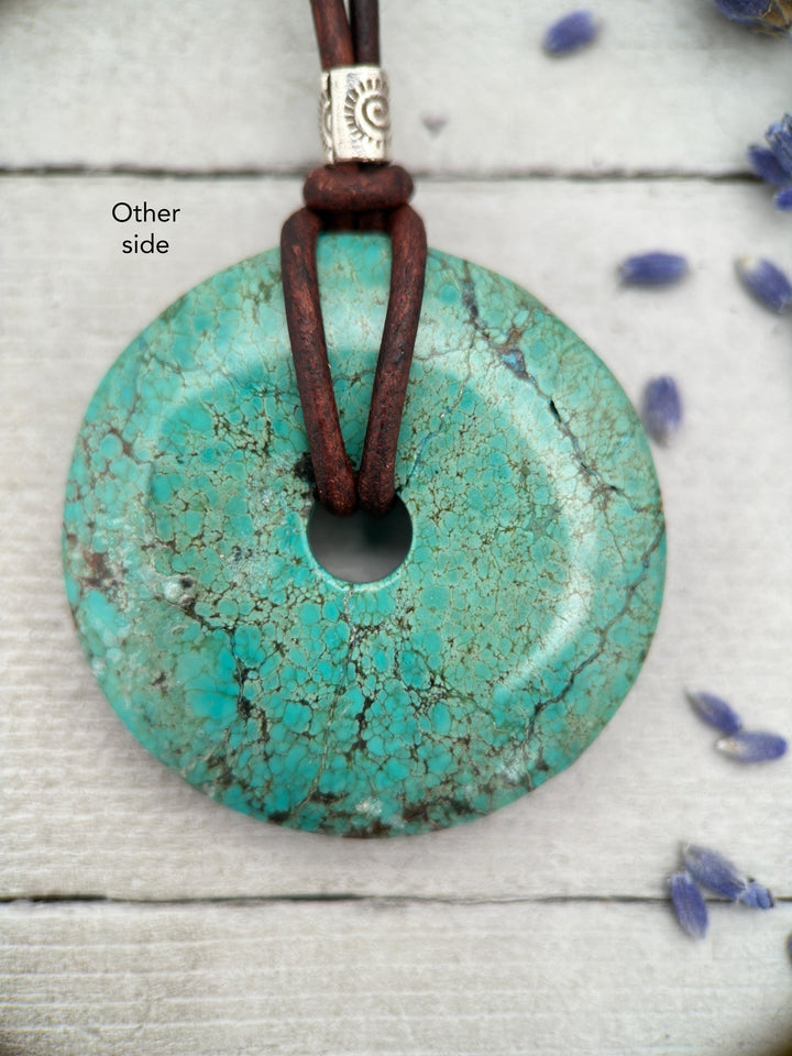 Green Turquoise Donut and Rustic Brown Leather Necklace - SunlightSilver