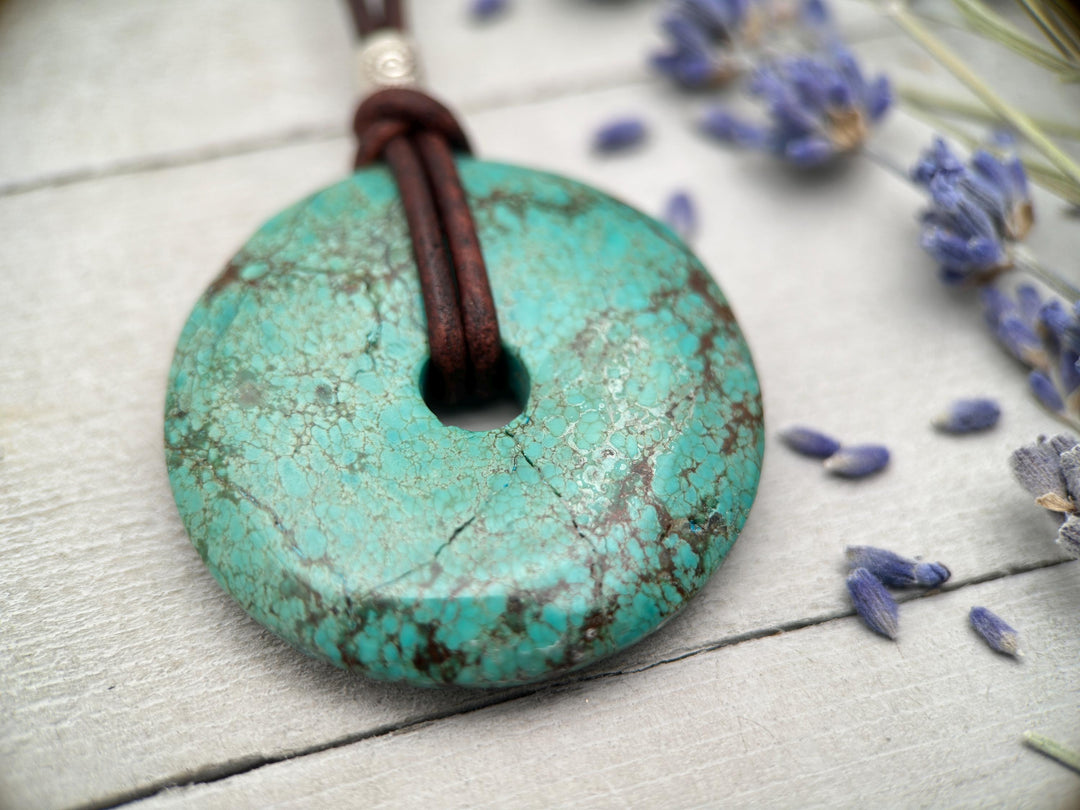 Green Turquoise Donut and Rustic Brown Leather Necklace - SunlightSilver