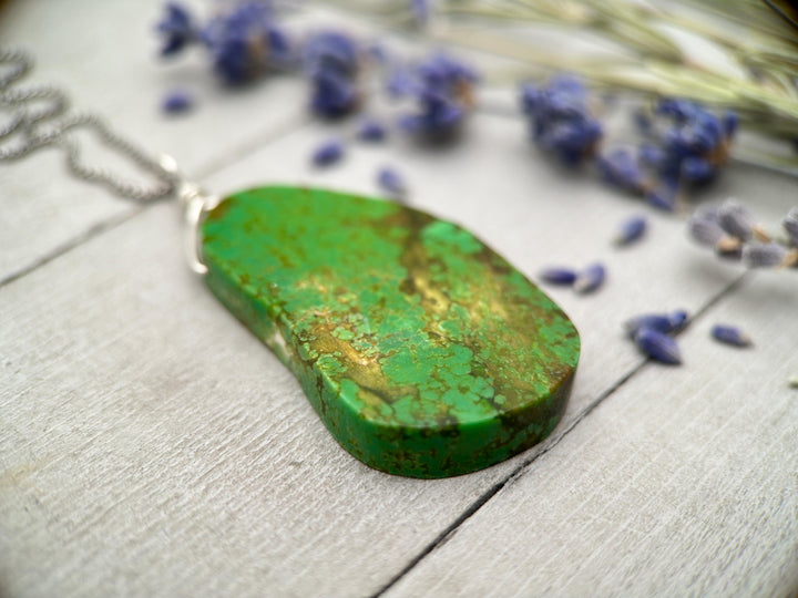 Green Turquoise Pendant on a Sterling Silver Chain - SunlightSilver