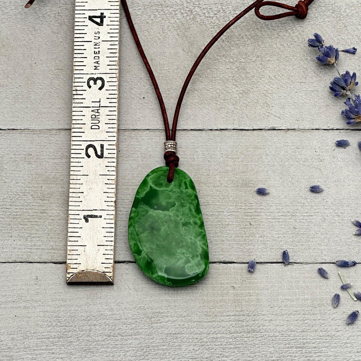 Green Maw Sit Sit Jadeite, Sterling Silver and Rustic Brown Leather Necklace. - SunlightSilver