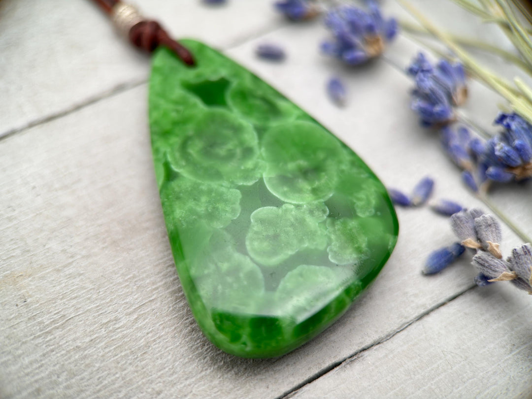 Green Maw Sit Sit Jadeite, Sterling Silver and Rustic Brown Leather Necklace. - SunlightSilver