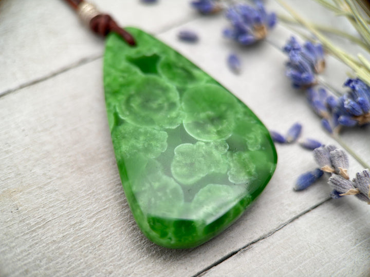 Green Maw Sit Sit Jadeite, Sterling Silver and Rustic Brown Leather Necklace. - SunlightSilver