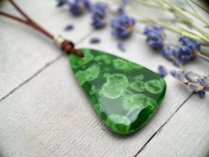 Green Maw Sit Sit Jadeite, Sterling Silver and Rustic Brown Leather Necklace. - SunlightSilver