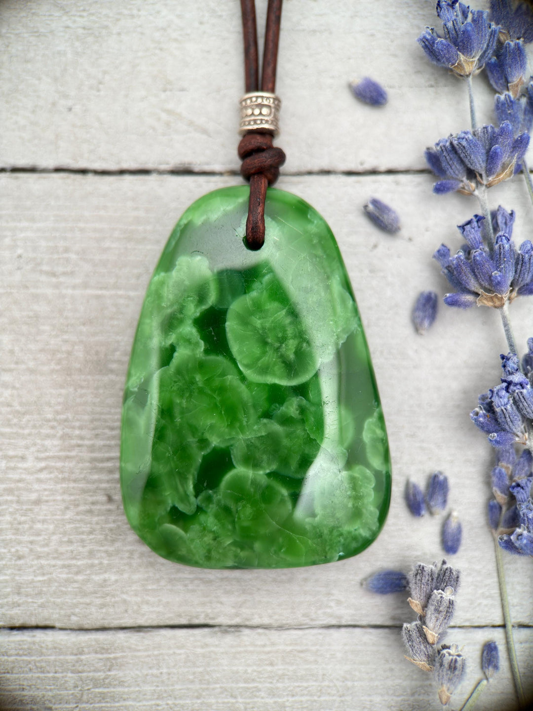 Green Maw Sit Sit Jadeite, Sterling Silver and Rustic Brown Leather Necklace. - SunlightSilver