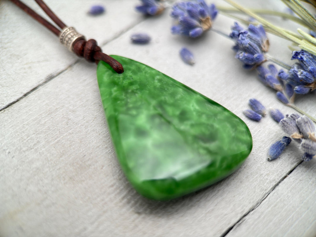 Green Maw Sit Sit Jadeite, Sterling Silver and Rustic Brown Leather Necklace. - SunlightSilver