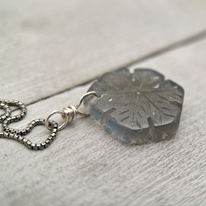 Labradorite Carved Snowflake and Sterling Silver Pendant - SunlightSilver