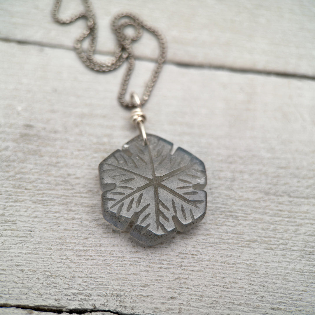 Labradorite Carved Snowflake and Sterling Silver Pendant - SunlightSilver