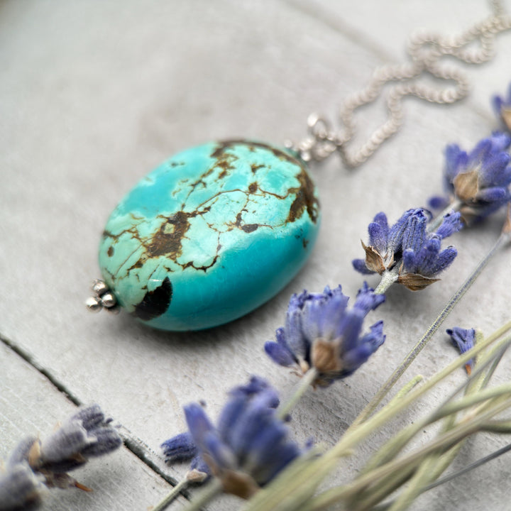 Large Turquoise Pendant on a Sterling Silver Chain - SunlightSilver