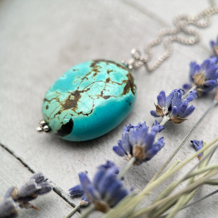 Large Turquoise Pendant on a Sterling Silver Chain - SunlightSilver